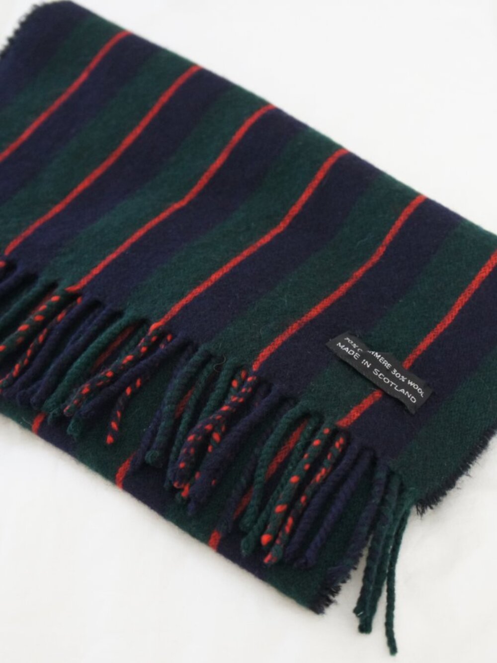 Scottish Cashmere & Wool Dark Navy, Green & Red Stripe Tartan Plaid Scarf